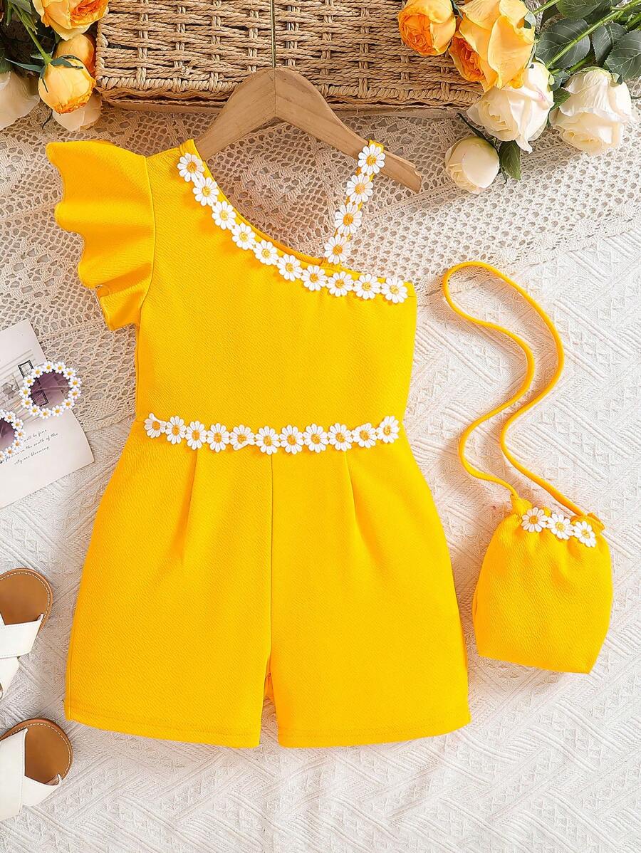 Young Girl 3D Floral Asymmetric Neck Jumpsuit With Bag, Suitable For Daily Wear, Casual Outdoor, Shopping, Events, Spring/Summer - Yellow - View 1
