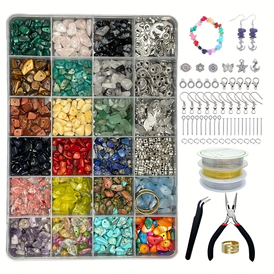 About 1000pcs Asymmetric Natural Crystal Stone Jewelry Making Kit With Jewelry Pliers, Beading Wire, Alloy Pendant, Spacer Beads, Ear Hooks, For DIY Rings, Bracelets, Necklaces, Earrings Jewelry, Handicraft Making (Random Colors)