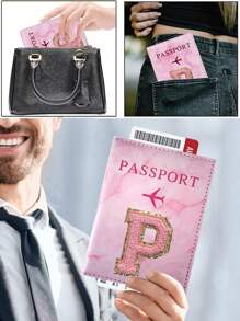 1PC Pink Chenille Initial Passport Holder - Slim PU Travel Wallet With Airplane Design, Lightweight & Stain-Resistant, Credit Card And Ticket Organizer For Vacation Essentials, Boarding Pass Holder | Glittery Embellishment | Cover Travel Essentials School Back To School School Supplies Holiday Holiday Essentials Accessories Passport Cover - Pink - View 2