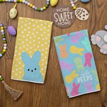 复活节厨房毛巾 2 件套，白色圆点兔子 Hello 洗碗巾 16x24 英寸干燥洗碗布，农舍节日季节性春季装饰品