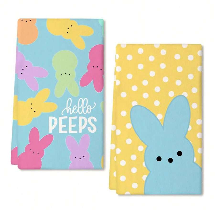 复活节厨房毛巾 2 件套，白色圆点兔子 Hello 洗碗巾 16x24 英寸干燥洗碗布，农舍节日季节性春季装饰品