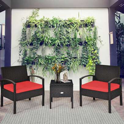 Lifezeal 3PCS Patio Rattan Furniture Set Storage Table Cushioned Sofa Deck Red\Turquoise\White