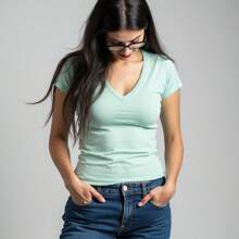 Women's T-Shirt Blouse 100% Cotton Babylook Basic Plain V Neck - Xem 2