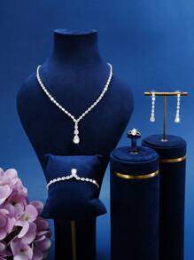 5 sztuk/zestaw Modny i wszechstronny zestaw biżuterii z cyrkonii sześciennej w kształcie kropli wody, w tym naszyjnik, kolczyki, pierścionek i bransoletka, odpowiedni na ślub kobiet, festiwal, imprezy okolicznościowe