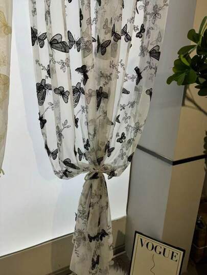 1pc New Embroidered Voile Butterfly Curtain, Sheer And Romantic French Style, Bedroom Window Decoration, High-End, Sunscreen