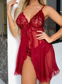 2 piezas Camisolas de encaje con escote en V sexy para mujer, ropa de dormir, lencería, rave