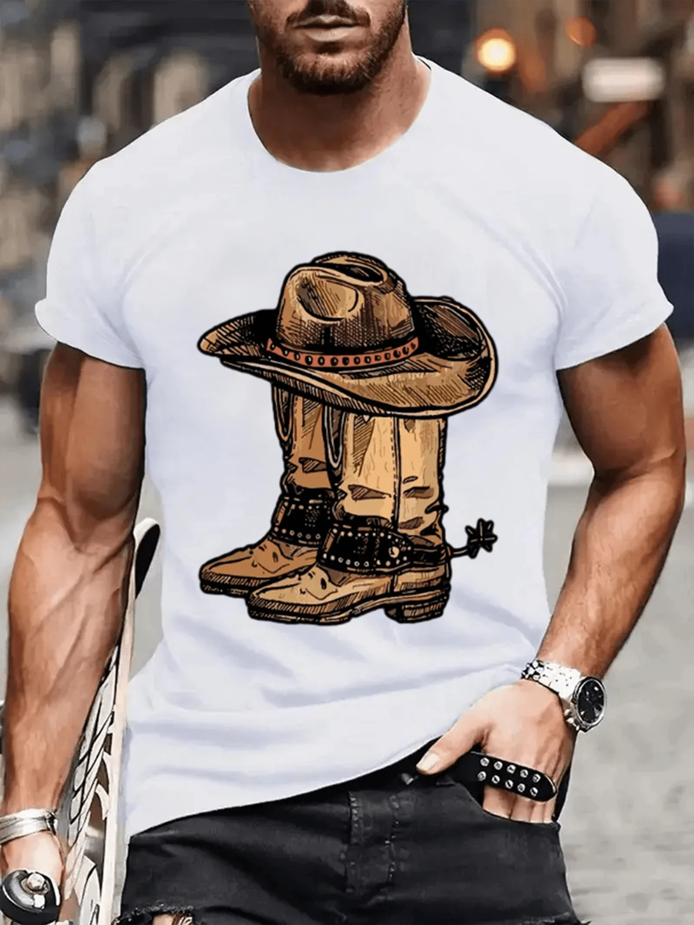 Camiseta De Hombre De Algodón Puro De 220g Con Impresión De Accesorios Mexicanos - Blanco - Ver 1