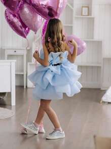 Young Girl Ruffled Bow Tulle Princess Dress For Easter, Birthday Party, Wedding, Pageant Occasions - Baby Blue - View 3