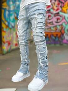 男士修身牛仔裤，做旧磨损下摆，弹性面料，时尚，emo 风格 - 薄荷藍 - 查看 4