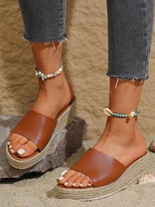 Women's Vacation Platform Sandals, Single Strap, Straw Sole, Wedge Heel, Wide Fit