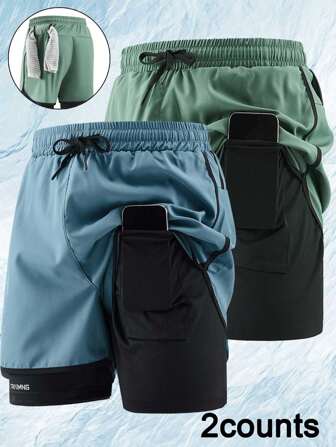 2pcs Men's Fashion Printed & Solid Quick Dry Shorts - 2 In 1 Layered, Breathable & Stretchy, Suitable For Basketball, Gym And Outdoor Sports