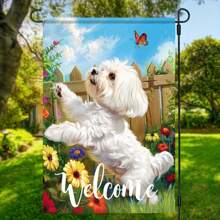 1pc Charming White Maltese And Butterfly Floral Double Sided Garden Flag - Suitable For All Seasons, Ideal For Patio, Lawn, Farmhouse Decor, 12x18 Inches, Without Flagpole,Garden Flags In Spring And Summer Seasons. ﻿
