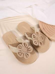 Summer New Casual Slippers, Woven Linen Flower Thong Sandals For Beach Holiday, Soft Bottom Lightweight Simple Student Flat Slippers