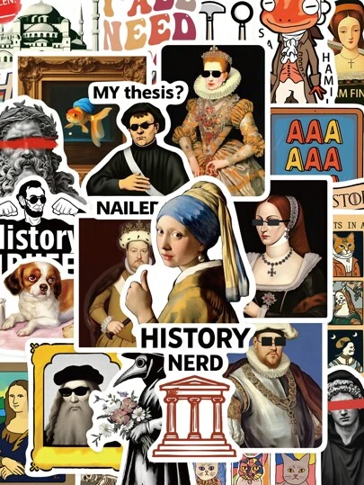 100张趣味历史贴纸，适用于笔记本、水杯、冰箱、平板电脑、手机、吉他等，艺术幽默设计