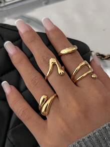 4pcs/Set Asymmetrical Wide Golden Polished Open Ring Set, Suitable For Women's Daily Wear - Yellow Gold - View 2