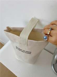 Fashionable Minimalist Women Handbag, Casual Canvas Small Tote Bag, Lightweight Foldable Square Bag, Beige Letter Print Design, Fits Keys, Water Bottle, Phone And Personal Items, Suitable For Outings And Walking Pet - Beige - View 7