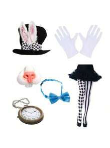 Easter Cosplay Party Costume Set Including Velvet Tall Hat, Clock Bow Tie, Nose, Rabbit Outfit Prom Halloween - Multicolor - View 9