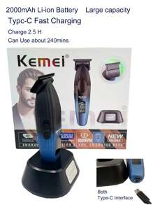 Kemei KM-1669 New Hair Trimmer Professional Electric T-Blade Clipper With Charging Base Type-C 9000RPM High Speed 0mm Zero Gaped Carving Clipper For Men Beard Hair Trimmer Barber Use Men's Birthday Gift For Men