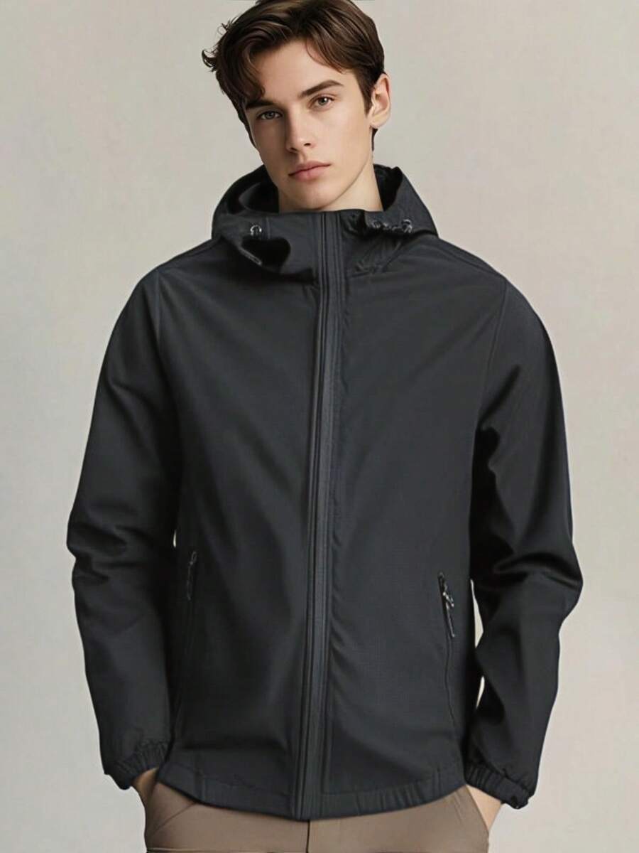 Men's Hooded Zip Up Jacket, Lightweight Black Long Sleeve Hooded Outwear Jacket, Great Gift For Friends, Husband Or Boyfriend - 黑色 - 查看 1