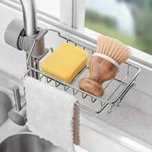 1 stuk roestvrijstalen kraan opbergrek - voor keuken gootsteen-kraan accessoires, voor sponzen, borstels, handdoeken en schoonmaakgereedschap plaatsing, hangende mand spons afvoerrek, gootsteen opbergrek, vaatdoek rek, huishoudelijke vaatdoek afvoerrek hangende mand