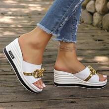Women's White Sandals, Ladies High Heel Slippers, White Simple Vacation Style Sandals, Lightweight Polyurethane Women's Shoes, Thick Bottom British Style Fashion Women Slippers, Suitable For All Season Platform Slippers, Mother's Day Gift Shoes Mommy Shoes