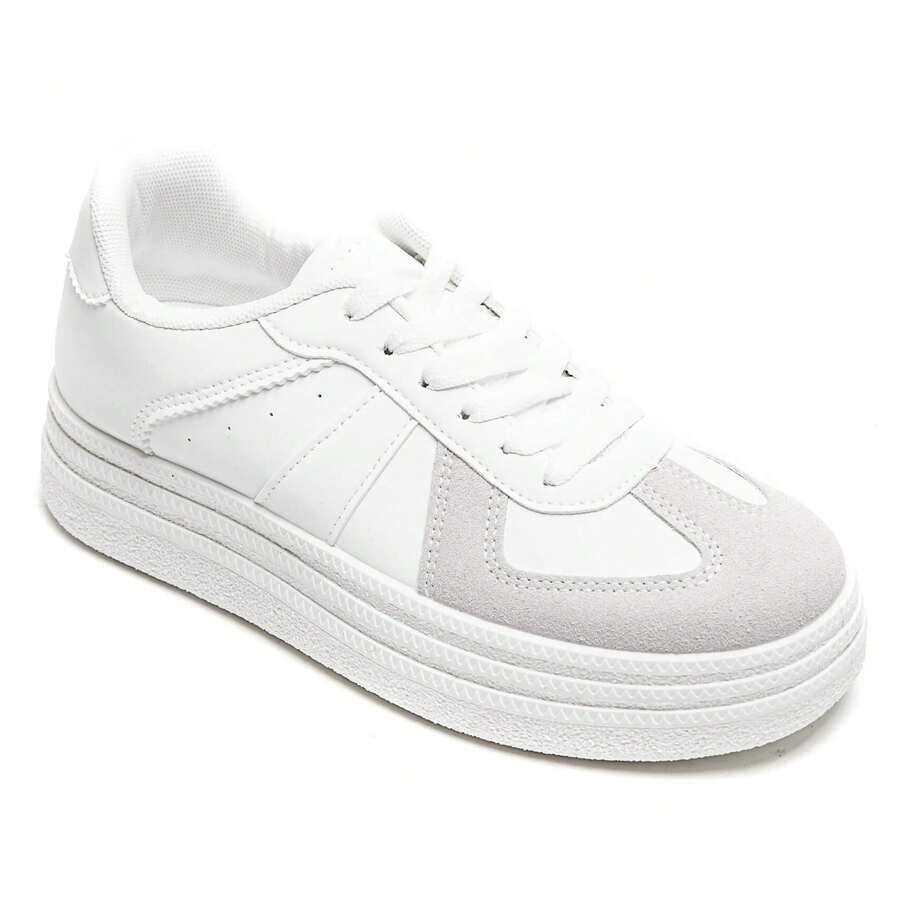 Fashionable Versatile Contrast Color Block Thick Sole Casual Shoes - White - View 1