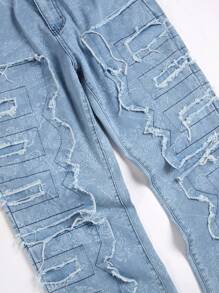 Men's Fashionable Letter Print Distressed Slim-Fit Jeans - Medium Wash - View 5