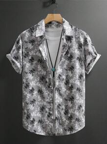 Men's Geometric Print Short Sleeve Casual Shirt, Spring/Summer - Grey - View 1