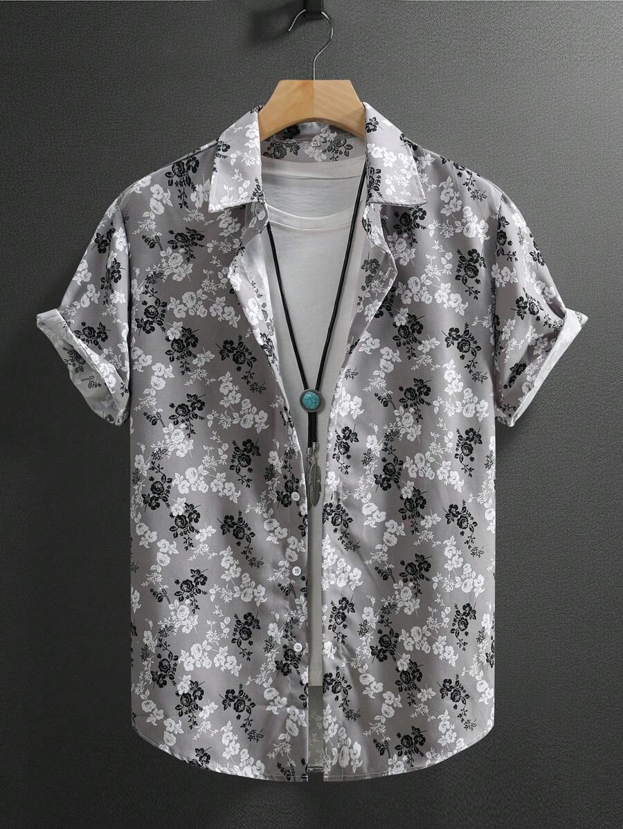 Men's Geometric Print Short Sleeve Casual Shirt, Spring/Summer - Grey - View 1