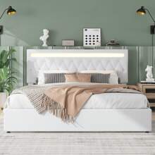 Flat Bed 180*200cm, Upholstered, Hydraulic Bed With Lifting Mechanism, Color Changing Ambient Light, Remote Control, Port, White