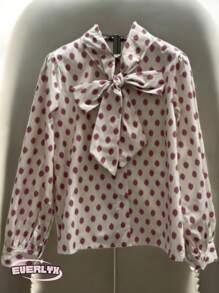 EverlyX Blouse With Maxi Bow And Pink Polka Dot Print On A Raw Background - Candy Dots Model - Feminine Design, Sophisticated Cut And Lightweight Fabric For An Elegant, Fun And Timeless Look - A Touch Of Romantic Style With Personality - ✅ Delivery In 24/72h To Spain - Raw - View 4