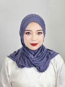 1pc Arabian Style Headwrap, Malaysian New Design, Solid Color Pearled Chin Cover, Convenient Hijab, Striped Long Shawl Hijab, Fashionable Headscarf For Girl, Handcrafted Chain Decorated Headwrap