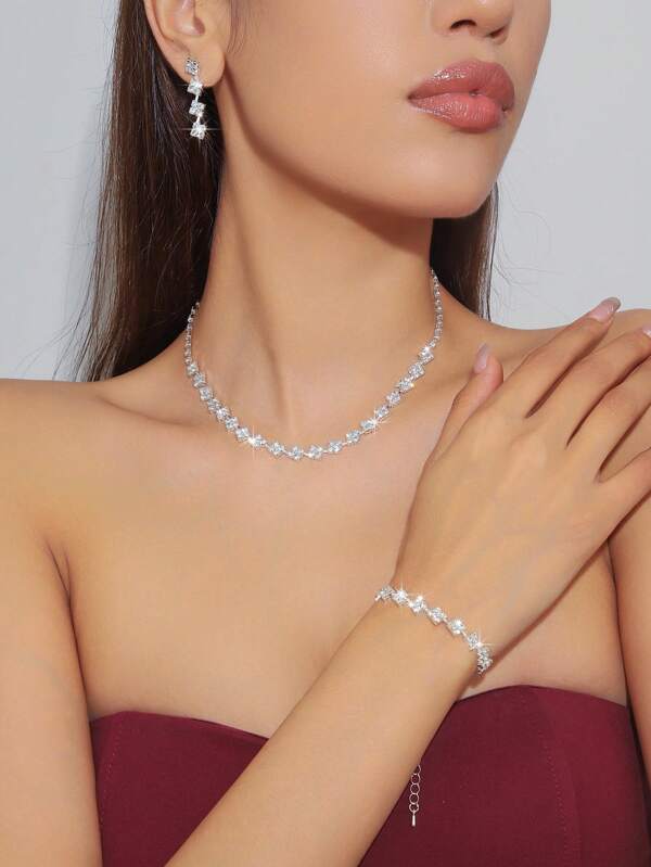 Luxury Rhinestone Necklace Earrings Bracelet 3-Piece Set - Suitable For Various Activities