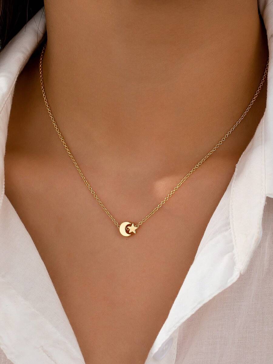 1 件简约星月吊坠项链女士精致链条月亮星星项链珠宝 - 金色 - 查看 1