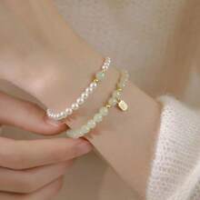 1pc Chinese Style Natural Jade & Pearl Luxurious Bracelet, Suitable For Women Daily Wear