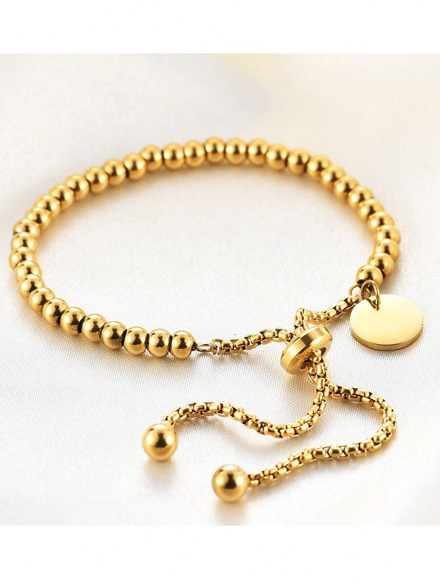 1 件/新款女士手链 18K 金不锈钢简约时尚圆形吊牌可调节串珠手链银手链 - 原子手鍊 - 查看 1