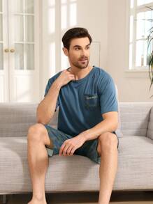 QIANNIANMA 2-teiliges Pyjama Set für Herren mit Kurzarm-Oberteil und Shorts, rundem Ausschnitt, kariert, lässige Hausmode, geeignet für Sommerlook Outdoor