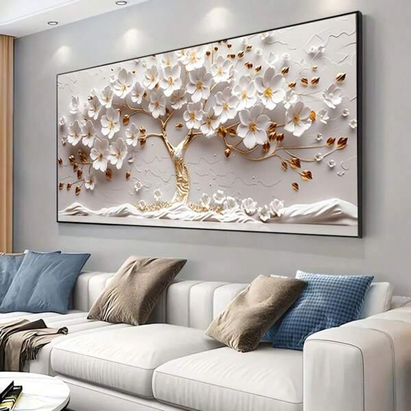 1pc, Botanical Posters, 2D Flat White Flower Tree Wall Arts, Golden Tree Landscape Decorative Painting, Golden Tree Of Life Canvas Painting, For Office, Bedroom, Kitchen, Living Room, Wall Decor, No Frame
