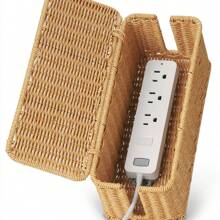 1 件装手工编织仿藤桌面电缆整理盒带盖办公桌收纳篮电源线隐藏器和数据线管理适用于办公设备 - 彩色 - 查看 9