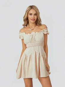 Women Summer Short Dress Solid Color Ruched Bust Boat Neck Off Shoulder Puff Sleeve A-Line One Piece For Ladies - Apricot - View 6