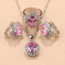 4PCS 925 Silver Plated Fashion Wedding Big Jewelry Sets Bridal Costume Colorful Zirconia Earrings And Pendant Ring Earrings For Women Christmas And Thanksgiving Birthday Gift