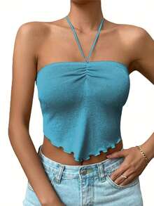 Women's Solid Color Strapless Vacation Casual Top - Blue - View 2