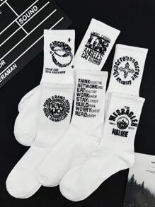 6 双男士白色字母图案中筒袜，学院风情侣运动袜 - 白色 - 查看 4