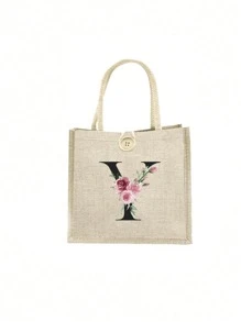 1 pieza Bolso de mano con flor de lino y letra, bolso de gran capacidad sencillo, bolso de almacenamiento casual portátil, bolsa de compras multifuncional, bolsa de regalo personalizada, adecuada para bodas, cumpleaños, playas, festivales, regalos perfectos para mujeres, maestros, amigos, damas de honor, bolsos grandes, estudiantes y vuelta a clases