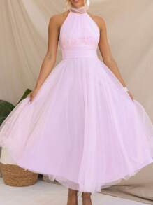 Womens Backless Long Dress Adjustable Tie Halter Neck Tulle High Waist Solid Party Wedding Dress - 粉色 - 查看 2