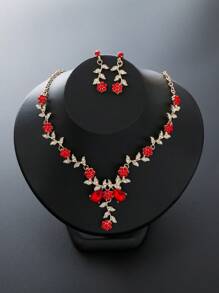 1 Set Flower Design Earrings & Necklace, Elegant Vintage Rhinestone Jewelry Set For Women, Professional Jewelry For Wedding, Party