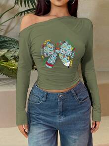 Bow Pencil Print Women's Off Shoulder Long Sleeve Top Sexy T-Shirt Spring Summer Ruched Y2K Clothing - Army Green - View 1