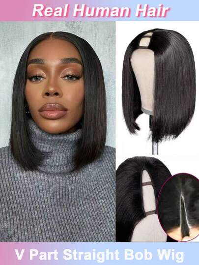 Peluca Bob con raya en V, peluca recta de cabello humano Bob con ganchos, peluca de cabello humano sin pegamento fácil de usar con forma de V, sin pegamento, sin coser, media peluca con clips para mujeres