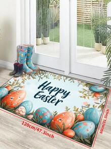 1pc 'Blue Background, Colored Eggs, Grass Leaf Border, Easter' Doormat, Indoor Mat, Throw Rug, Creative Door Mat, Entryway Themed Mat, Home Decor, Non-Slip Floor Rug Mat, Bedroom Accessories, Photo Props, Outdoor Decor, Throw Rug, Area Rug, Gift