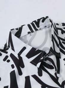 Casual Men Short Sleeve Shirt, Summer Letter Print, White & Black - Black and White - View 3